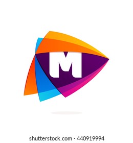 Letter M logo in Play button icon. Triangle intersection icon. Colorful vector design for app icon, corporate identity, card, labels or posters.
