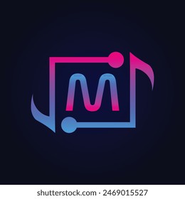 letter M Logo with Pulse music player element. Logo template electronic music, equalizer, dj, nightclub, disco. Audio wave logo concept, Multimedia