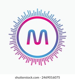letter M Logo with Pulse music player element. Logo template electronic music, equalizer, dj, nightclub, disco. Audio wave logo concept, Multimedia