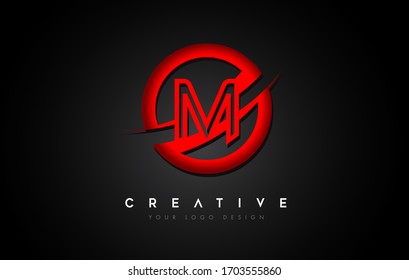 Letter M Logo with a Red Circle Swoosh Design. Creative Uppercase Letter Design Vector Illustration.
