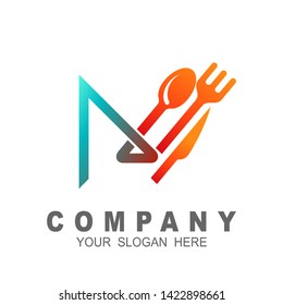 letter m logo with restaurant icon template, spoon logo, fork icon and restaurant symbol