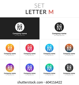 Letter M logo. Set abstract icon M with colorful gradient. Vector sign on black and white color background.
