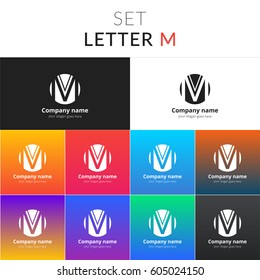 Letter M logo. Set abstract icon M with colorful gradient background. Vector sign on black and white color. Creative vision concept logo, elements, symbol for card, brand, banners.