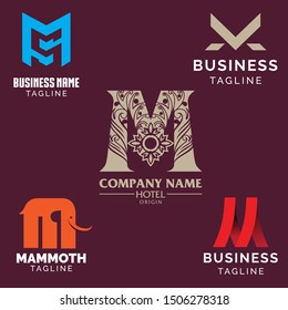 letter M logo set volume 2, A diverse and professional collection of five letter M logo designs. This set features a high-end ornamental emblem for luxury hotels, a creative mammoth animal silhouette, and several minimalist geometric monograms in blue, red, and gold. Perfect for corporate branding, tech startups, travel agencies, boutique hospitality, and modern creative industries.