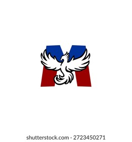 Letter M logo shaped like a rising phoenix bird. Bold vector symbol for rebirth, strength, insurance, and investment company branding