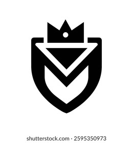 Letter M logo with shield and crown combined, Letter M logo silhouette, Crown with M letter logo template vector, Letter M flat and minimalist logo design