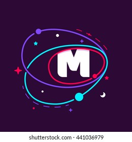 Letter M logo in space orbits, stars and and planets. Colorful vector design for app icon, corporate identity, card, labels or posters.