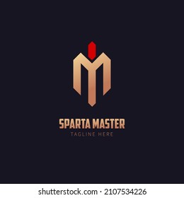 logotipo de letra M con símbolo de casco espartano. vector de ilustración spartana