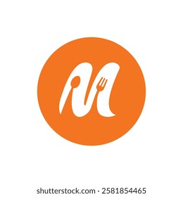 Letter M logo with spoon and fork design, modern and minimalist, perfect for culinary businesses, restaurants, or food applications.