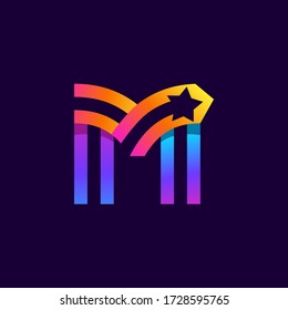 Letter M logo with star inside. Vector parallel lines icon. Perfect font for multicolor labels, space print, nightlife posters etc.