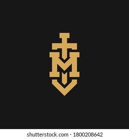 Buchstabe M Logo mit Schwert. kreatives minimales Monogramm-Symbol. Universelles elegantes Vektordesign. Premium Business-Logo. Grafisches Alphabet-Symbol für Unternehmensidentität