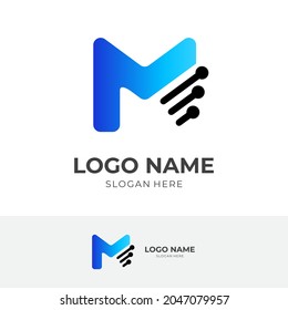 letter M logo template, letter M and circuit board, combination logo with flat blue and black color style