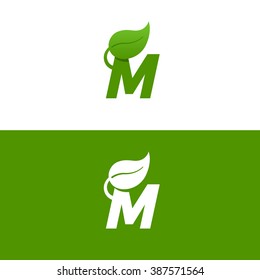 Letter M logo template with green Leaf. Eco design element. Vector illustration. Corporate branding identity