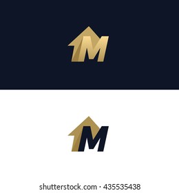 Letter M logo template with House arrow design element. Vector illustration. Real Estate Corporate branding identity