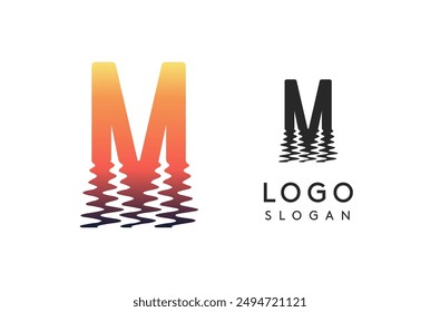 Letter M logo template, sunset reflection on water or sunset path logotype design for creative agencies, environment groups, design studios, tech companies, startups. Vector illustration