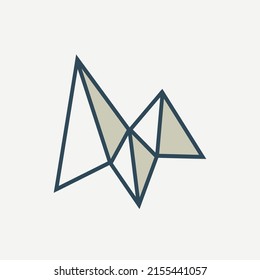 Letter M logo. Typographic icon. Lettering sign isolated on light background. Alphabet initial. Modern, design, geometric construction, web, tech, 3d style character. Triangle, pyramid shapes.