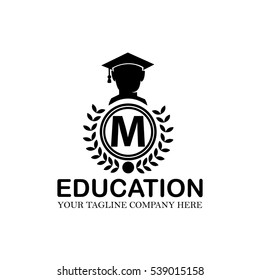 Letter M Logo With Vector Education Gown or Hat Icon Black