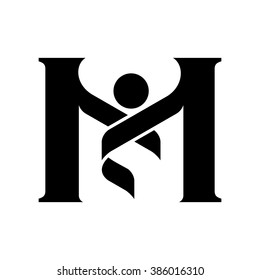 letter M logo vector. person and ribbon symbol.