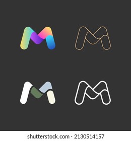 Letter M logo vector set. Abstract icons, signs, logotypes in different styles isolated on black background