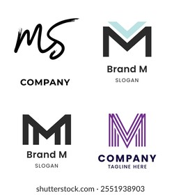 Letter M logo vector set. Abstract icons, signs, logotypes in different styles isolated on black background