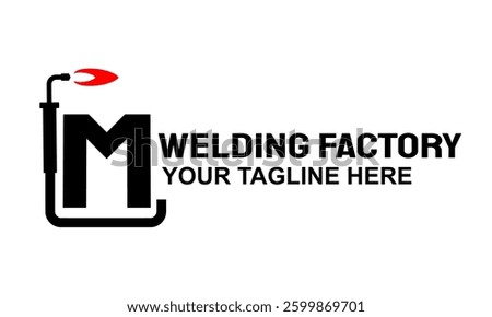 Letter M logo welding company with flame. Logo template welder steel working printable vector. Branding logotype for company