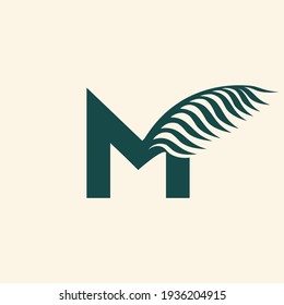 Logo de la letra M.Icono decorativo creativo tipográfico aislado en fondo de luz.Hoja de palmera.Cartel para belleza, spa, elegante marca de lujo.Alfabeto inicial.Estilo ornamental.Forma de carácter.