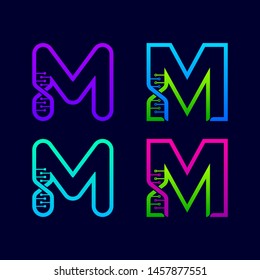 Letter M logotype with Genetic DNA structure and Dot Linked Shape logos, Technology and Digital Connection symbols, Helix Molecule Chromosomes signs, Medical Healthcare and Science Laboratory Icons