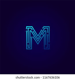 Letter M logotype Light blue neon Logo design template, Technology and digital abstract dot connection cross  vector concept logo