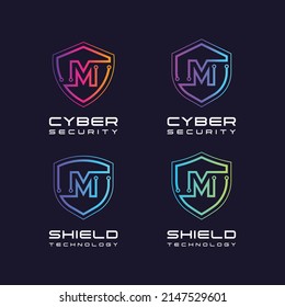 Letter M logotype with Line Dots and Cyber Shield Security Logo Digital Technology Business Company