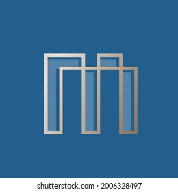 Letter M logo.Typographic icon.Lettering sign isolated on dark blue background.Alphabet initial.Modern, design, geometric, minimalist, architecture style character shape.Gold outline.