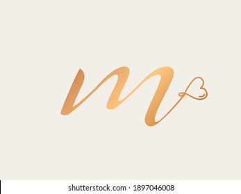 Letter m logo.Wedding decorative creative calligraphic icon isolated on light fund.Ornate symbol for beauty, fresh brand.Lowercase alphabet initial.Heart outline playful element.Gold color.