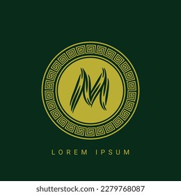 Letter M Loral Wreath logo luxury design with a circle. Graceful, Elegant Monogram with a crown. The Vintage emblem for Royalty, Cafe, Brand, Restaurant, Boutiqu