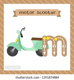 Letter M lowercase cute children colorful transportations ABC alphabet tracing flashcard of Motor Scooter for kids learning English vocabulary and handwriting Vector Illustration.