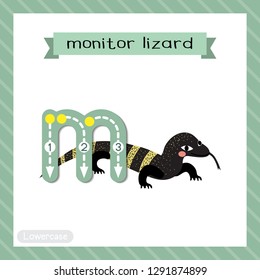 Letter M lowercase cute children colorful zoo and animals ABC alphabet tracing flashcard of Monitor lizard for kids learning English vocabulary and handwriting vector illustration.