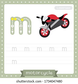 Letter M lowercase cute children colorful transportations ABC alphabet tracing practice worksheet of Motorcycle for kids learning English vocabulary and handwriting Vector Illustration.