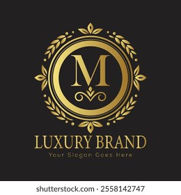 Letter M Luxury brand logo design with a royal gold crown emblem and elegant typography
