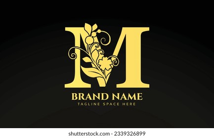 Letter M luxury floral logo design template with gold color