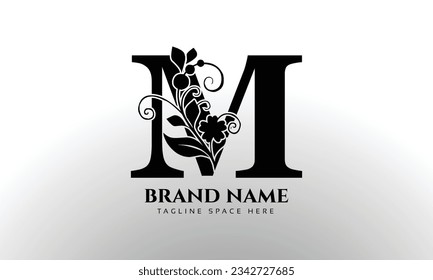 Letter M luxury floral logo design template with Black color