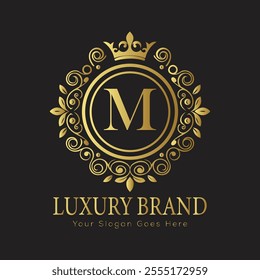 Letter M luxury gold logo concept brand logo design with a royal gold crown emblem and elegant typography
