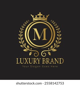 Letter M luxury gold logo concept brand logo design with a royal gold crown emblem and elegant typography
