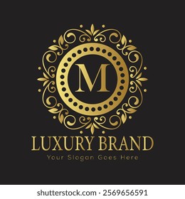 Letter M luxury gold logo concept brand logo design with a royal gold crown emblem and elegant typography
