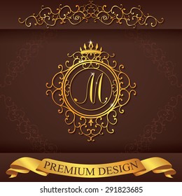 Letter M. Luxury Logo template flourishes calligraphic elegant ornament lines. Business sign, identity for Restaurant, Royalty, Boutique, Hotel, Heraldic, Jewelry, Fashion, vector illustration.