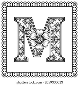 Letter M made of flowers in mehndi style. coloring book page. outline hand-draw vector illustration.