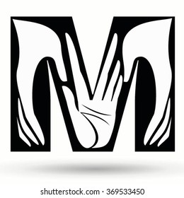 Letter M made from hands. Hand drawn painted .Black and white alphabet font. ABC design concept .Vector calligraphy illustration. For scrap booking, posters, textiles .Isolated on white background.