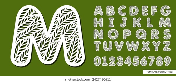 Letter M made of leaves. Eco font for spring, summer, autumn. Theme of plants, nature. White symbol on green background. Template for printing, plotter laser cutting of paper, cnc. Vector illustration