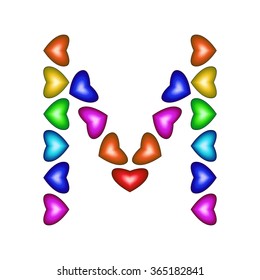 Letter M made of multicolored hearts on white background