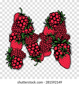 Letter M made from red berries, sketch for your design.. Vector illustration