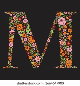 Letter M made with retro flowers. Vector image. Orange, pink, burgundy & green floral letter.