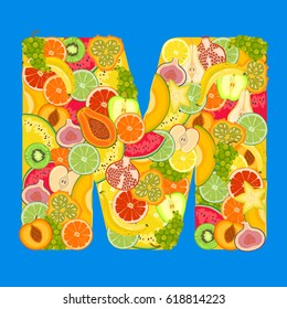 Letter - M made of tropical fruits on a blue background.