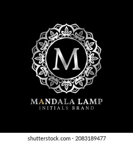 letter M mandala lamp initials decorative vector logo design for wedding, spa, hotel, beauty care